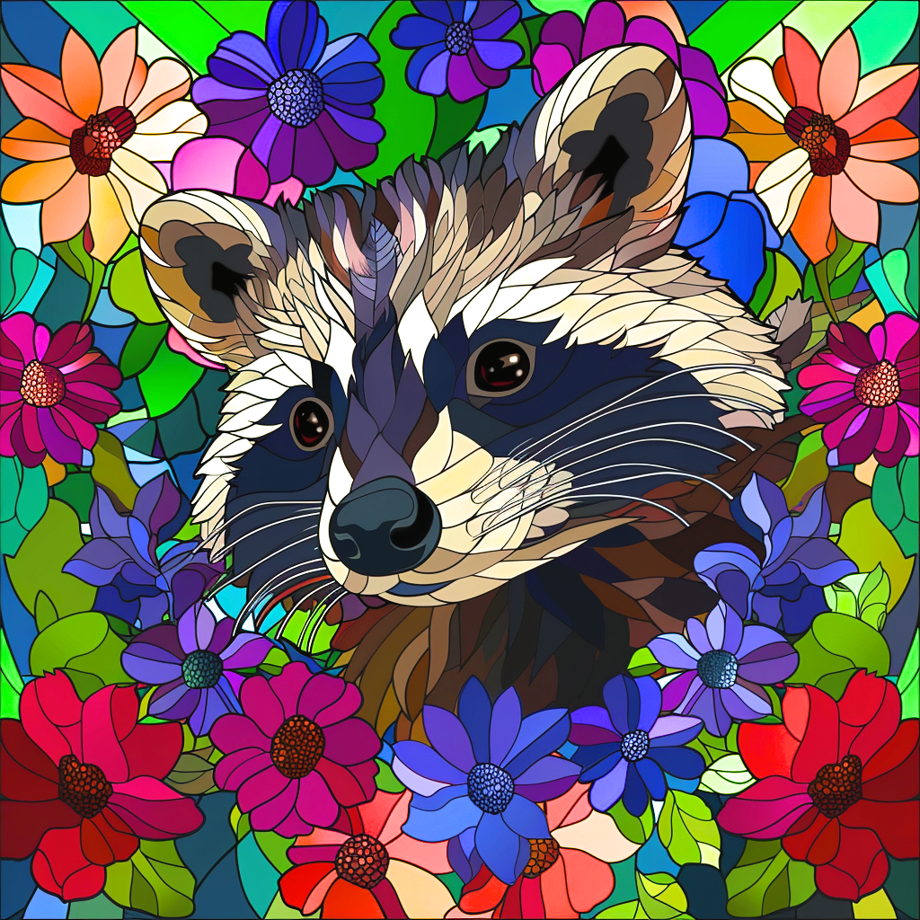 Abstract Raccoon Peeking From Flowers Diamond Art Kit