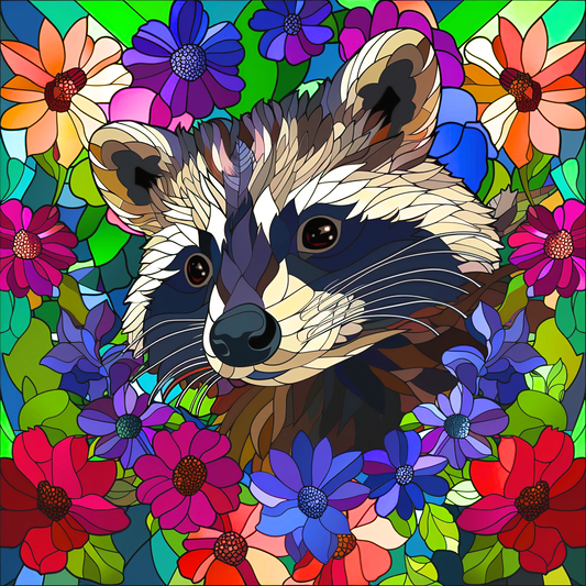 Abstract Raccoon Peeking From Flowers Diamond Art Kit