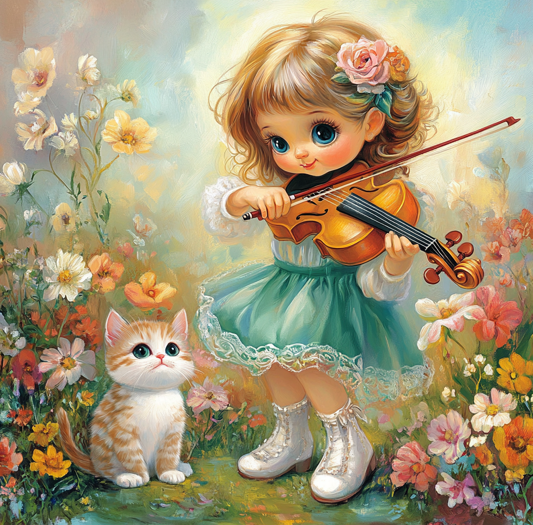 White Boot Violin Girl Cat Diamond Art Kit
