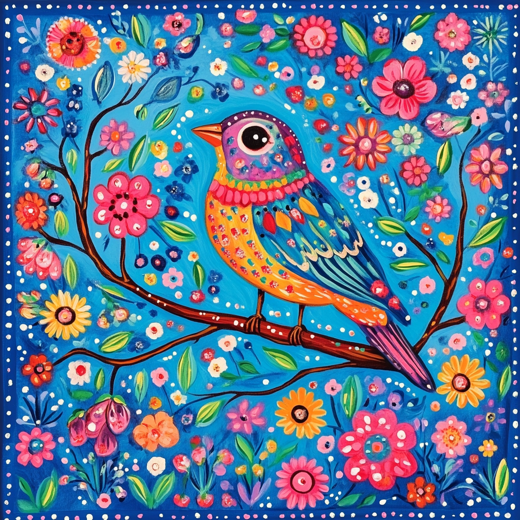 Pink Flower Bird Folk Art Diamond Art Kit
