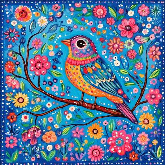 Pink Flower Bird Folk Art Diamond Art Kit