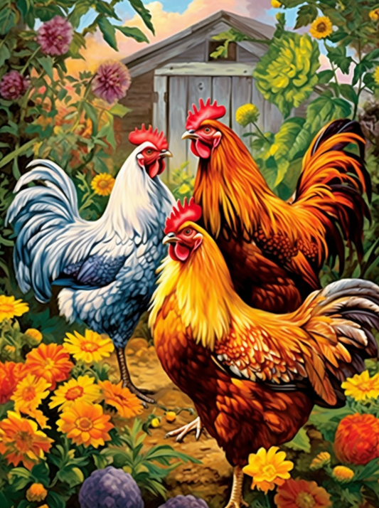 Three Roosters In The Garden Diamond Art Kit