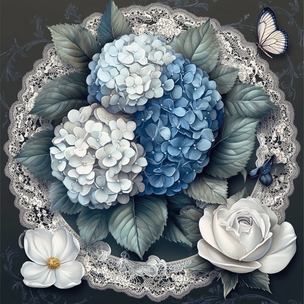 Cream And Blue Flowers Butterfly Diamond Art Kit