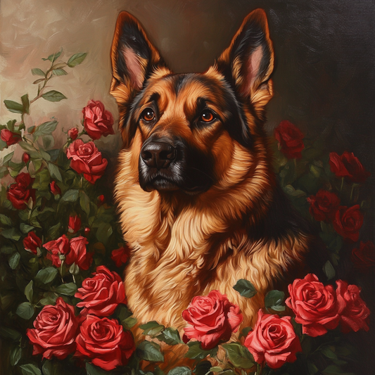 German Shepherd And Dark Pink Roses Diamond Art Kit