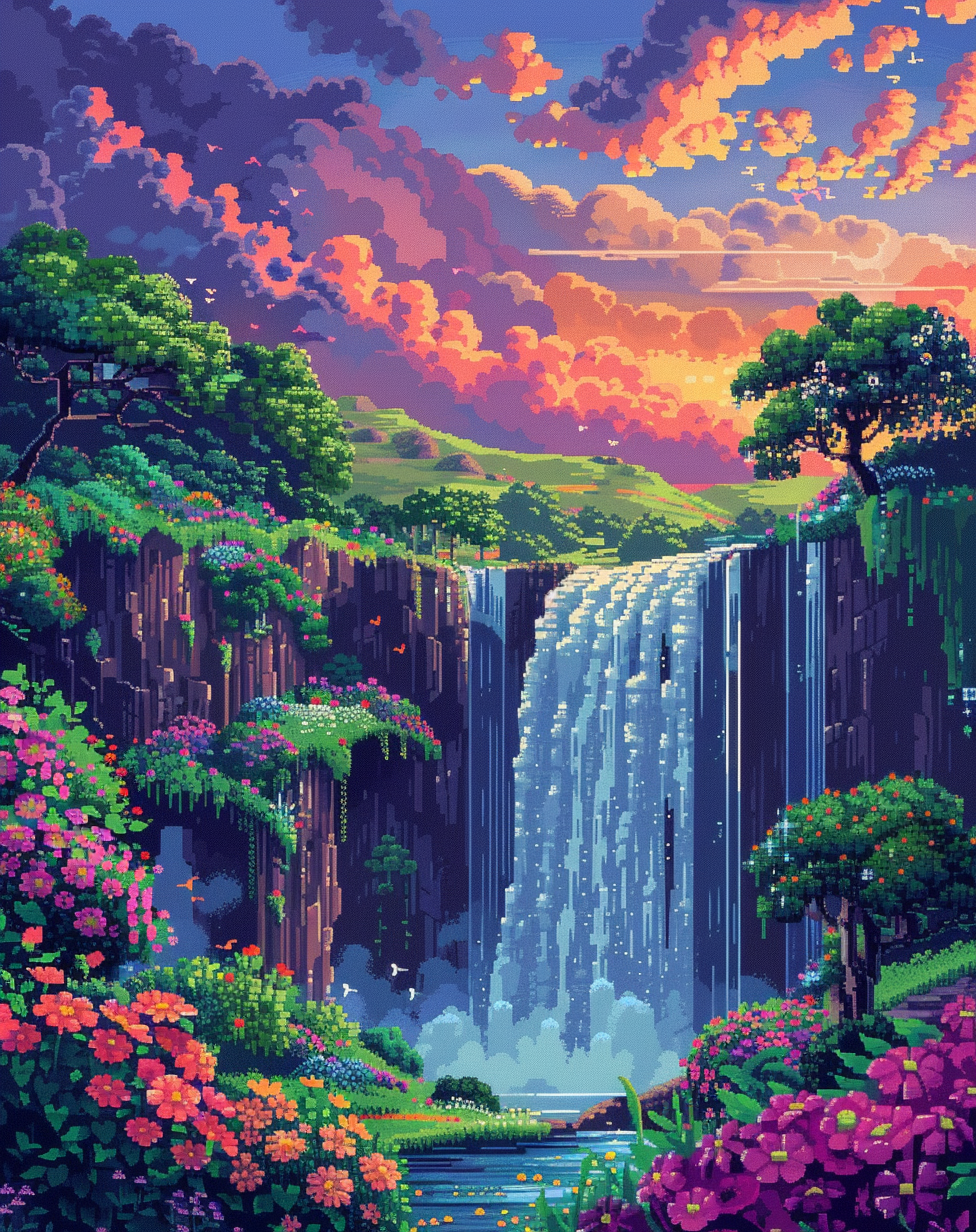 Sunset Waterfalls And Flowers Diamond Art Kit