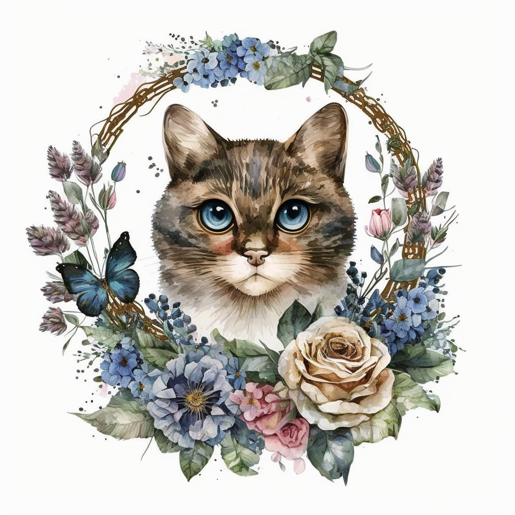 Rose Wreath Cat Watercolor Diamond Art Kit