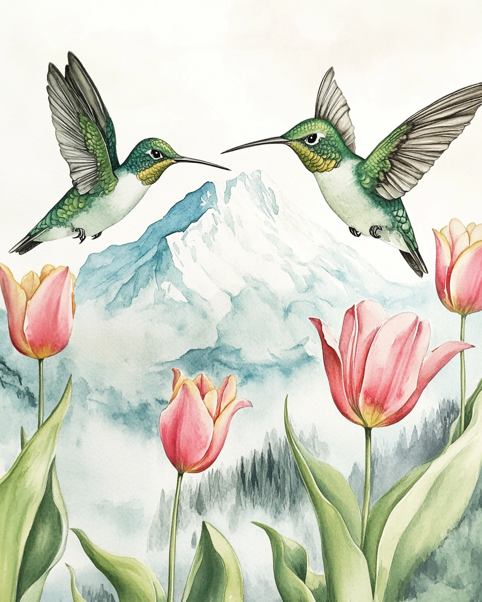 Hummingbirds Pink Tulips Diamond Art Kit