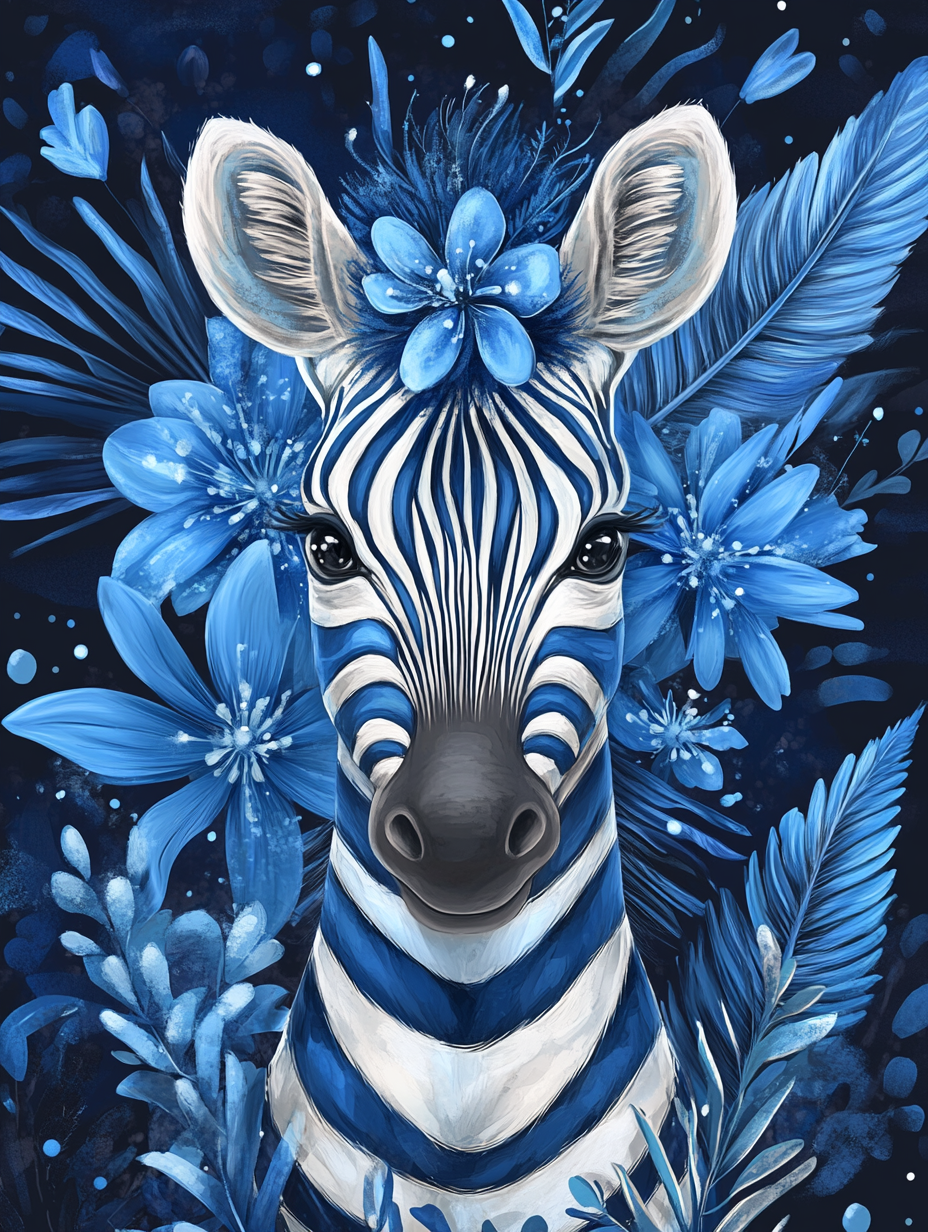 Blue Flowers Zebra Diamond Art Kit