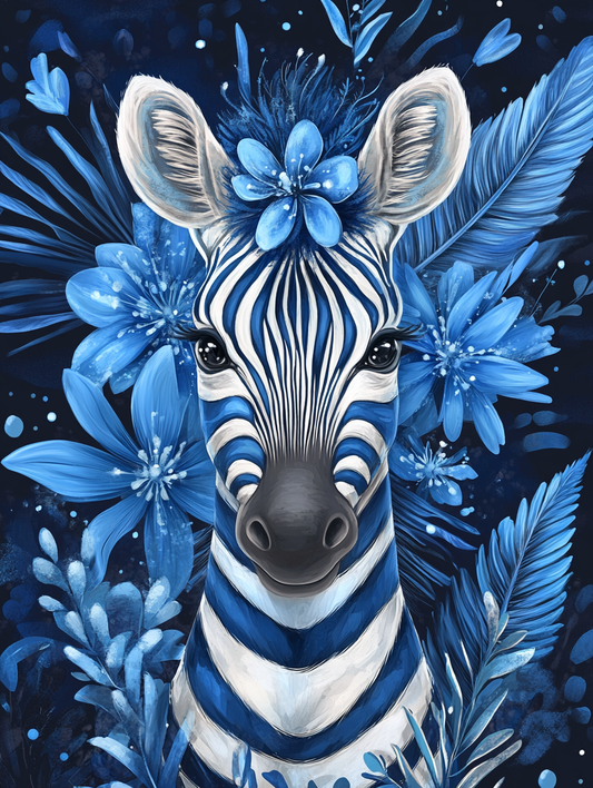 Blue Flowers Zebra Diamond Art Kit