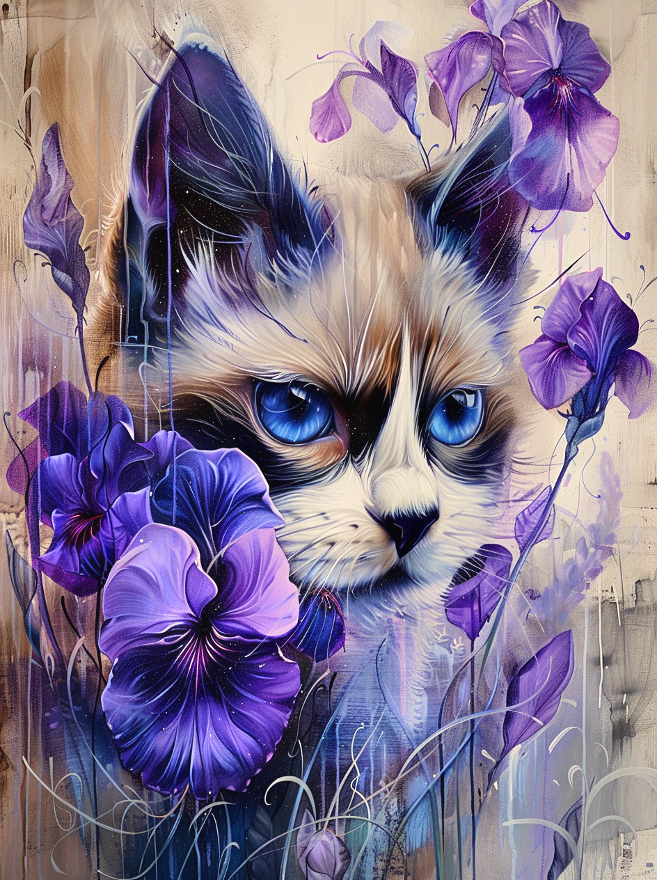 Concerned Cat In Purple Flowers Diamond Art Kit