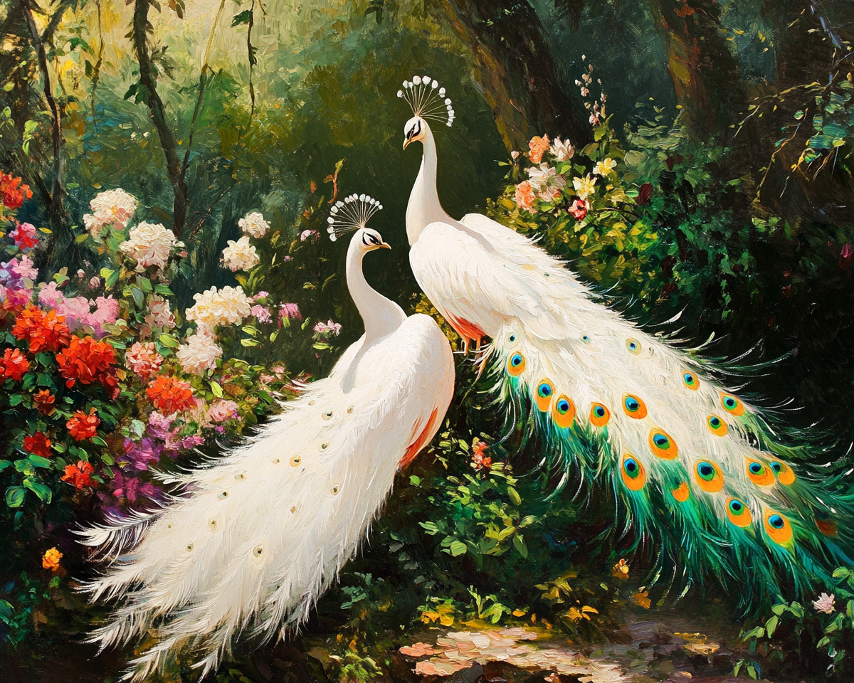 White Peacocks With Flowers Diamond Art Kit