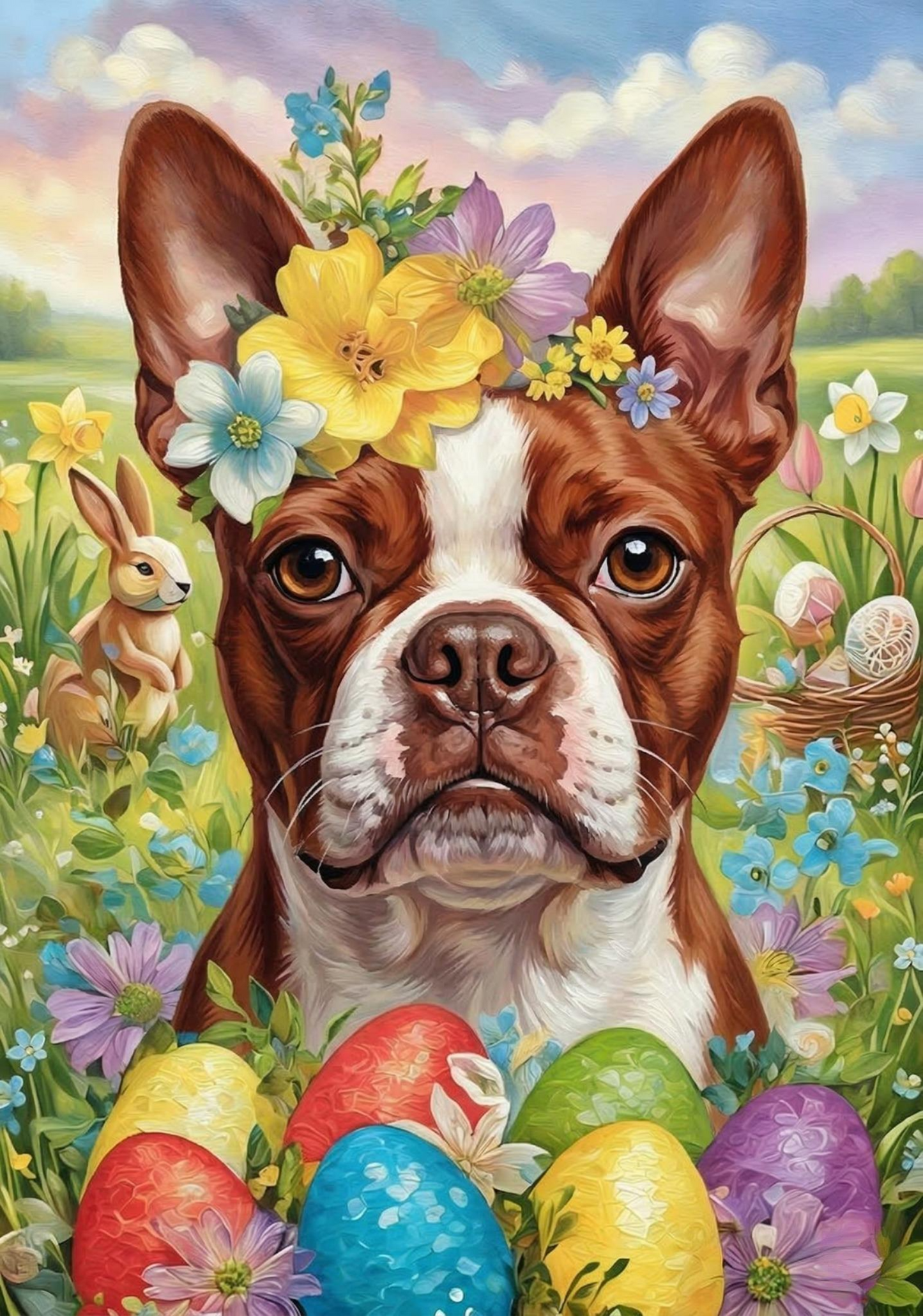 Red Boston Terrier Flowers And Eggs Diamond Art Kit