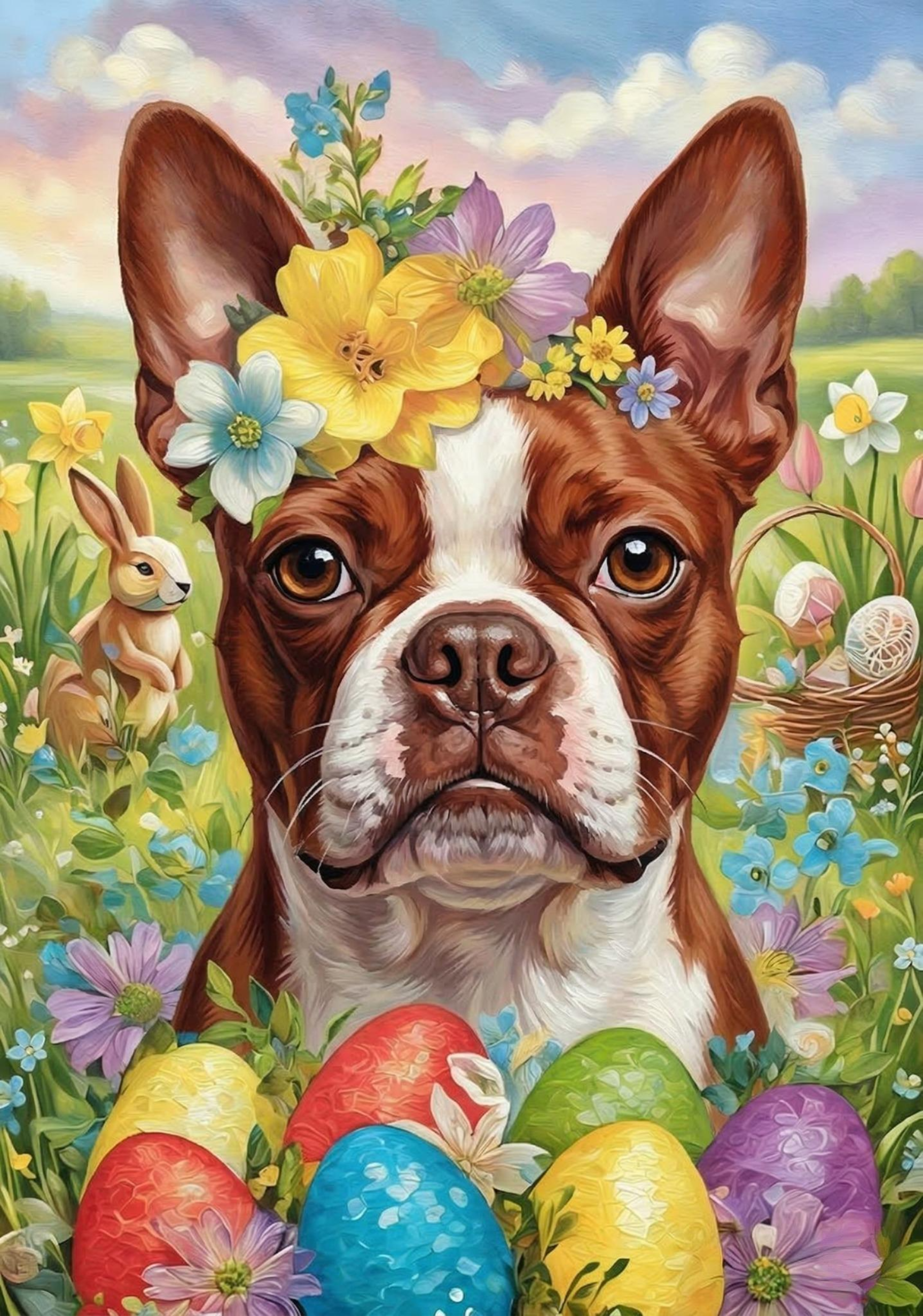 Red Boston Terrier Flowers And Eggs Diamond Art Kit
