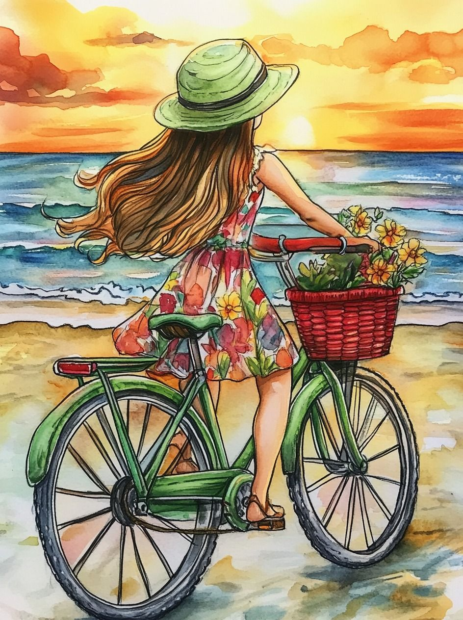 Green Beach Bike Girl Diamond Art Kit