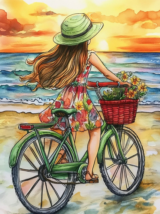 Green Beach Bike Girl Diamond Art Kit