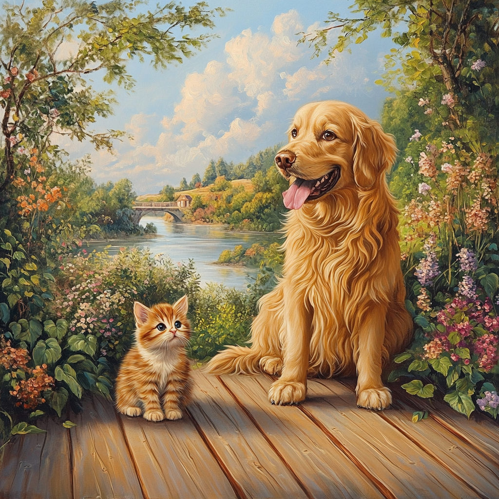 Retriever And Kitten River Diamond Art Kit
