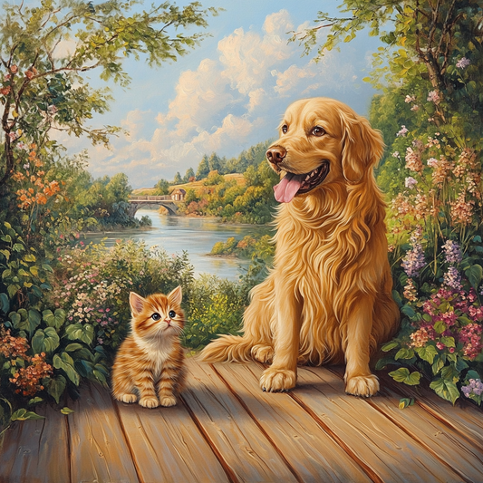Retriever And Kitten River Diamond Art Kit
