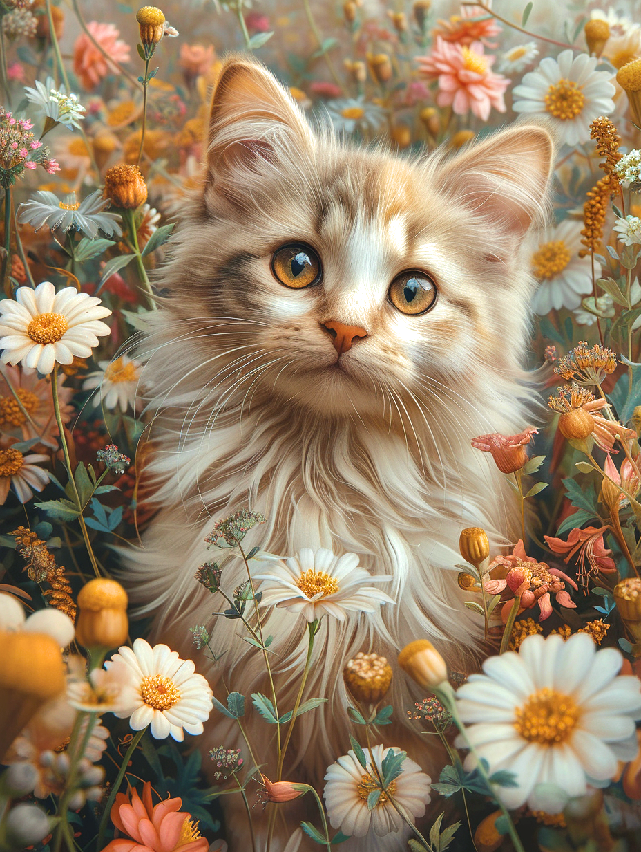 White Flowers And Kitten Diamond Art Kit