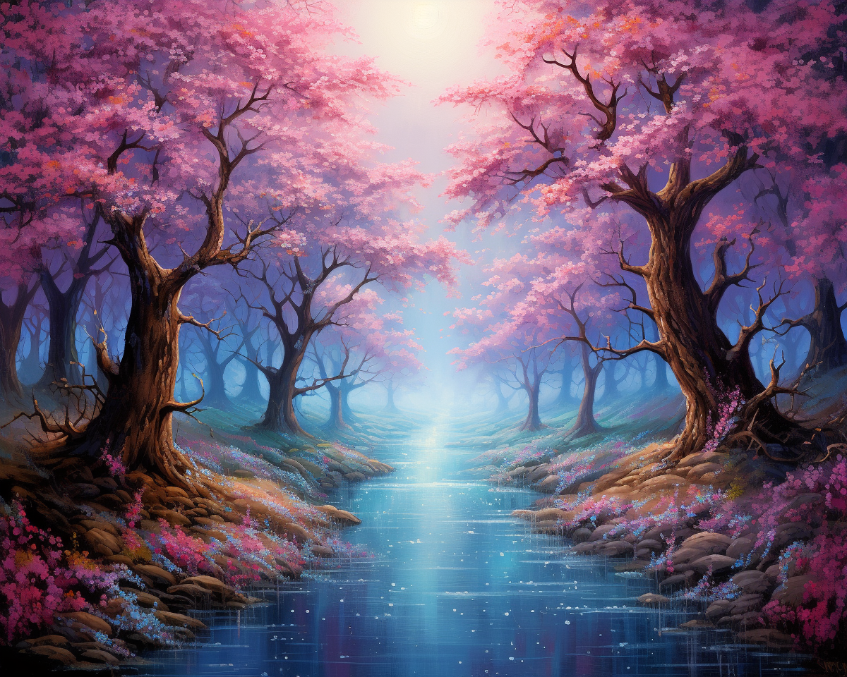 Shimmering Blue River Under Pink Trees Diamond Art Kit