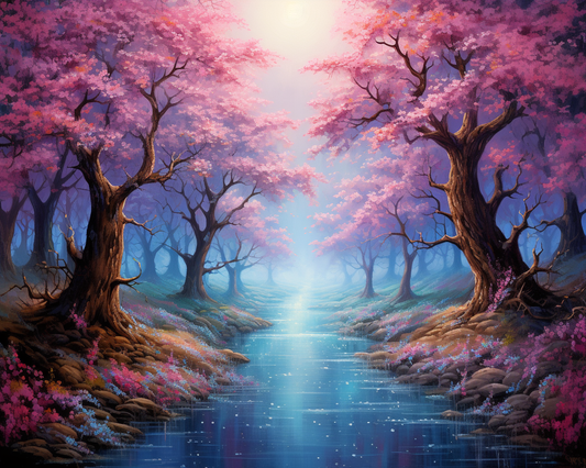 Shimmering Blue River Under Pink Trees Diamond Art Kit