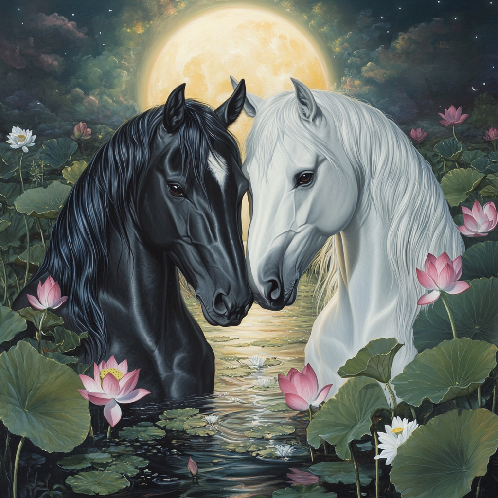 Pink Lotus Full Moon Horses Diamond Art Kit