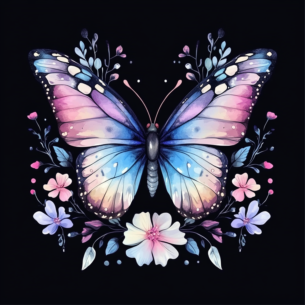 Flowers With Blue And Pink Butterfly Diamond Art Kit