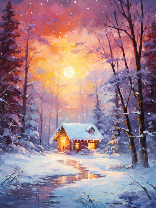 Snowy Sky Little Cabin Diamond Art Kit