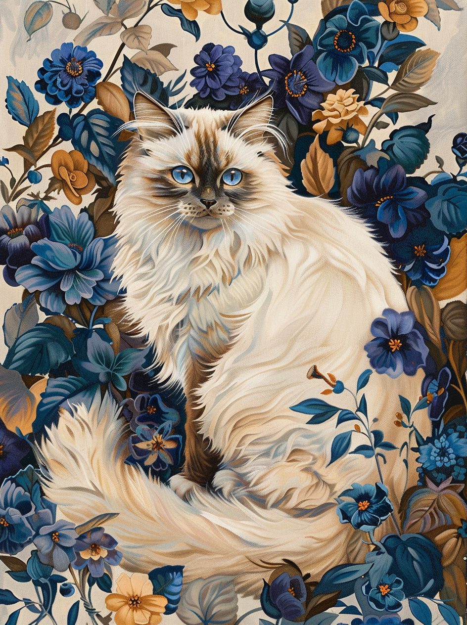 Blue Flowers Cream Colored Cat Diamond Art Kit