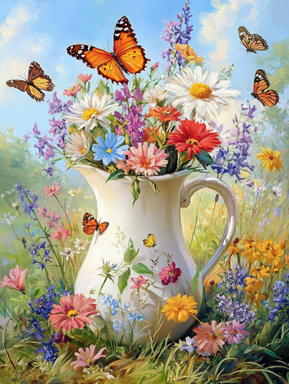 White Pitcher Of Wildflowers Diamond Art Kit