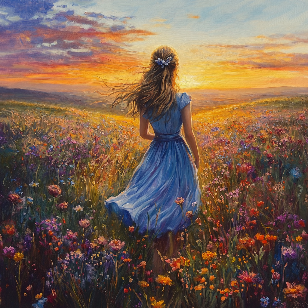 Blue Dress Girl Flower Meadow Diamond Art Kit