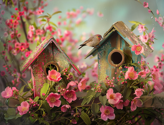 Two Birdhouses And Pink Flowers Diamond Art Kit