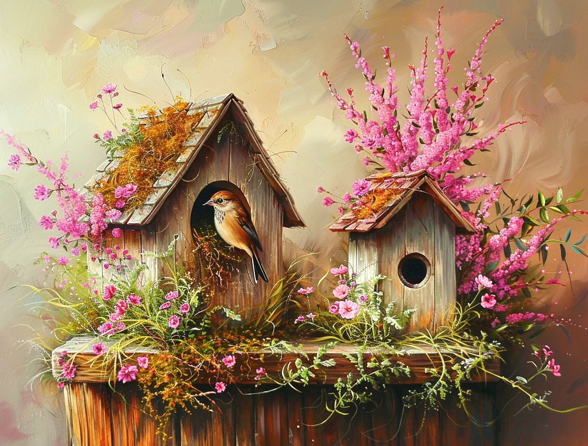Two Birdhouse And Flowers Diamond Art Kit