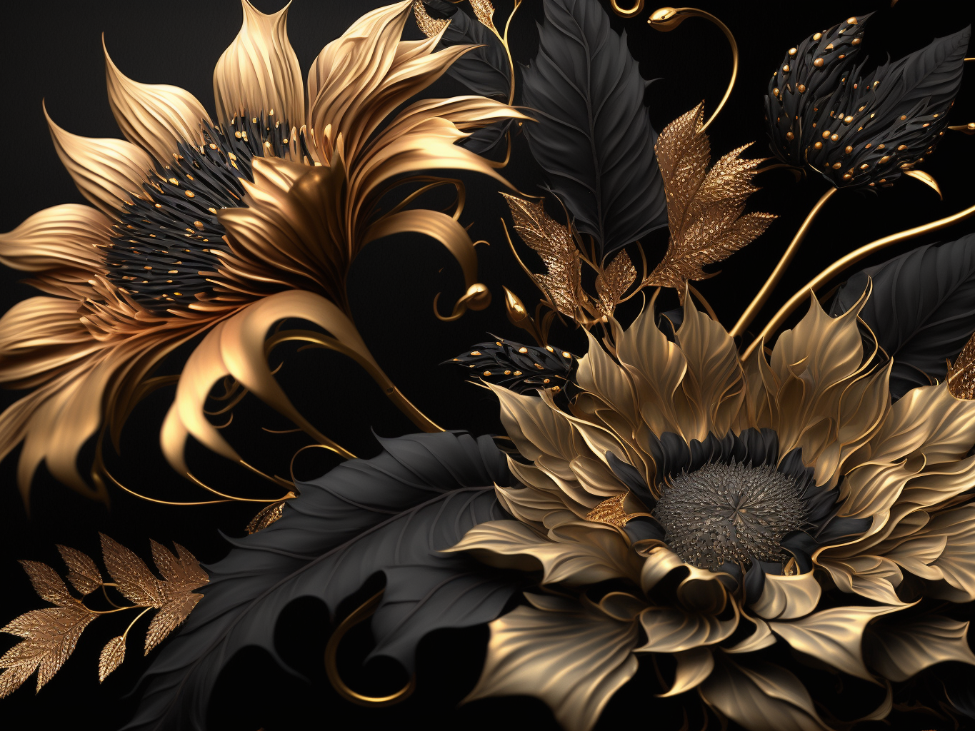 Gold Black Flowers Diamond Art Kit