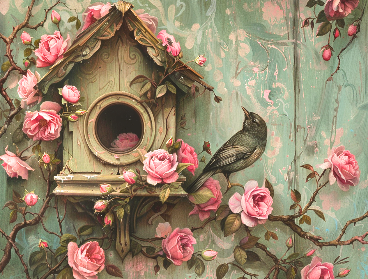 Pink Flower Green Birdhouse Diamond Art Kit