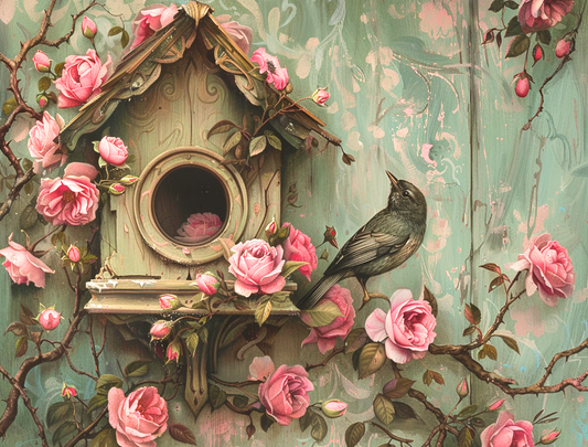 Pink Flower Green Birdhouse Diamond Art Kit