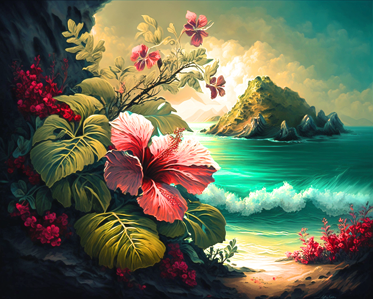 Red Tropical Flower Beach Scene Diamond Art Kit