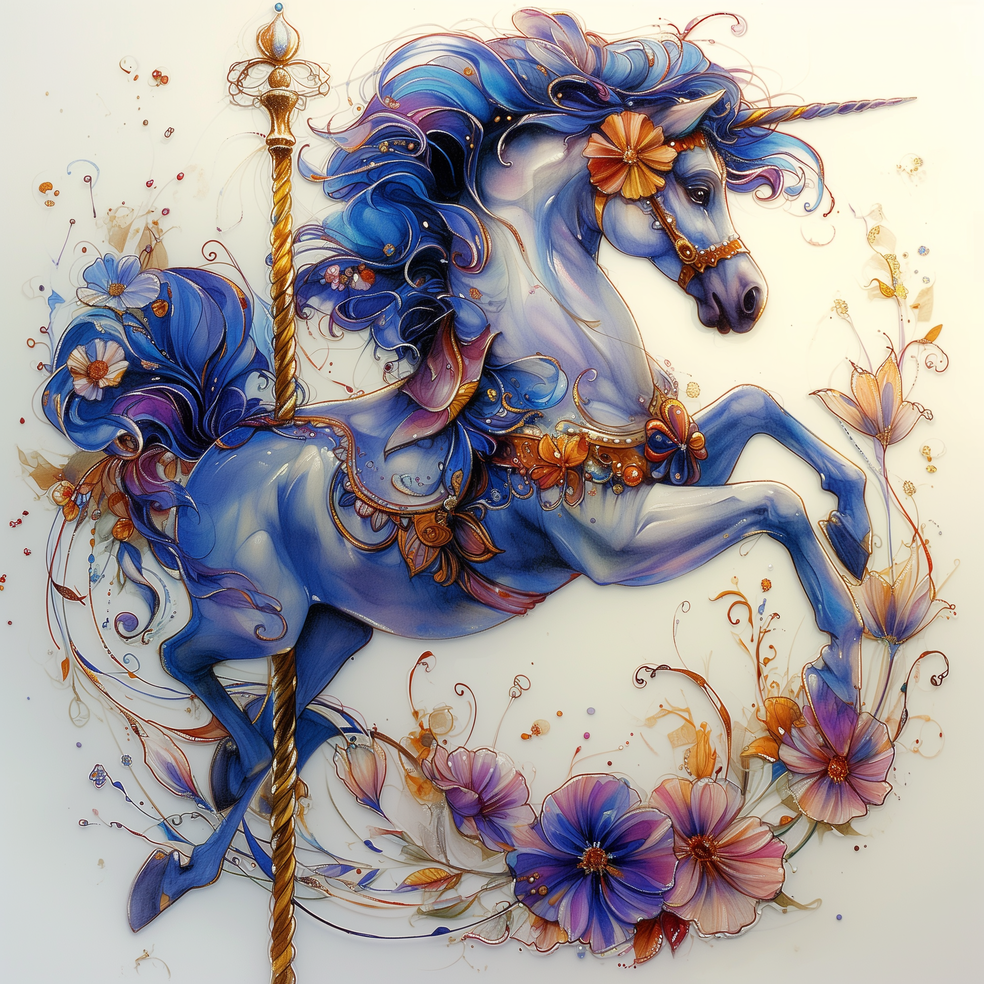 Blue Gold Carousel Horse Diamond Art Kit