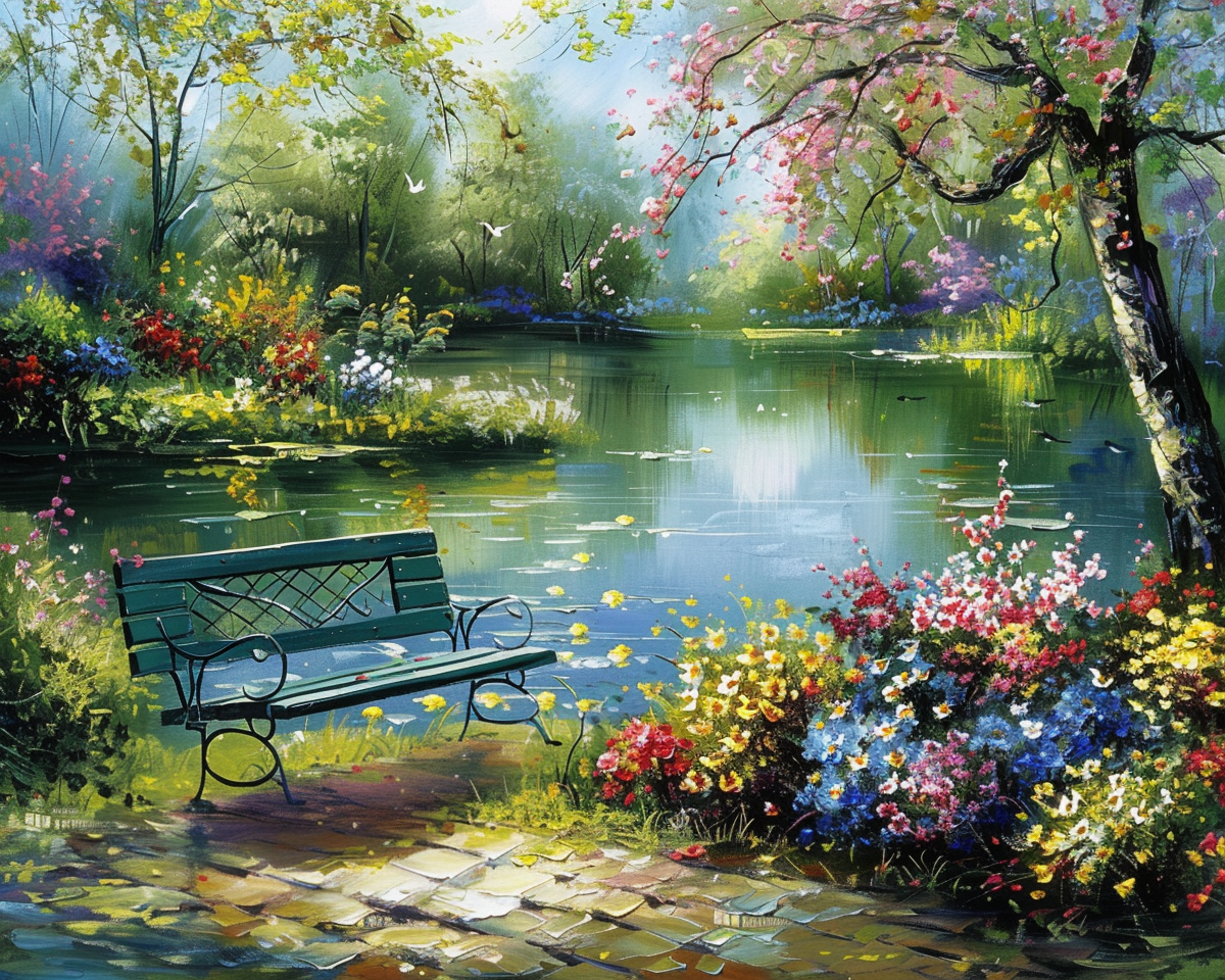 Flowers Green Park Bench Diamond Art Kit