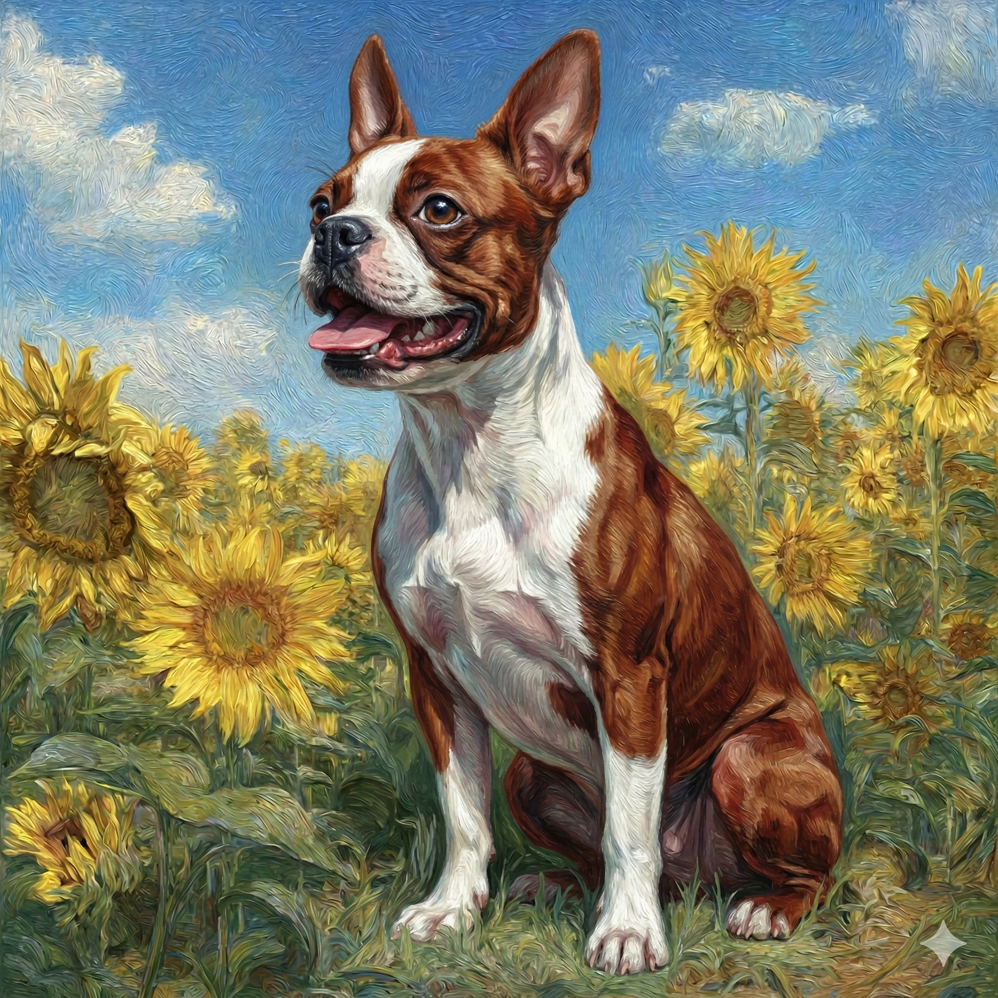 Red Boston Terrier Side Profile In Sunflowers Diamond Art Kit