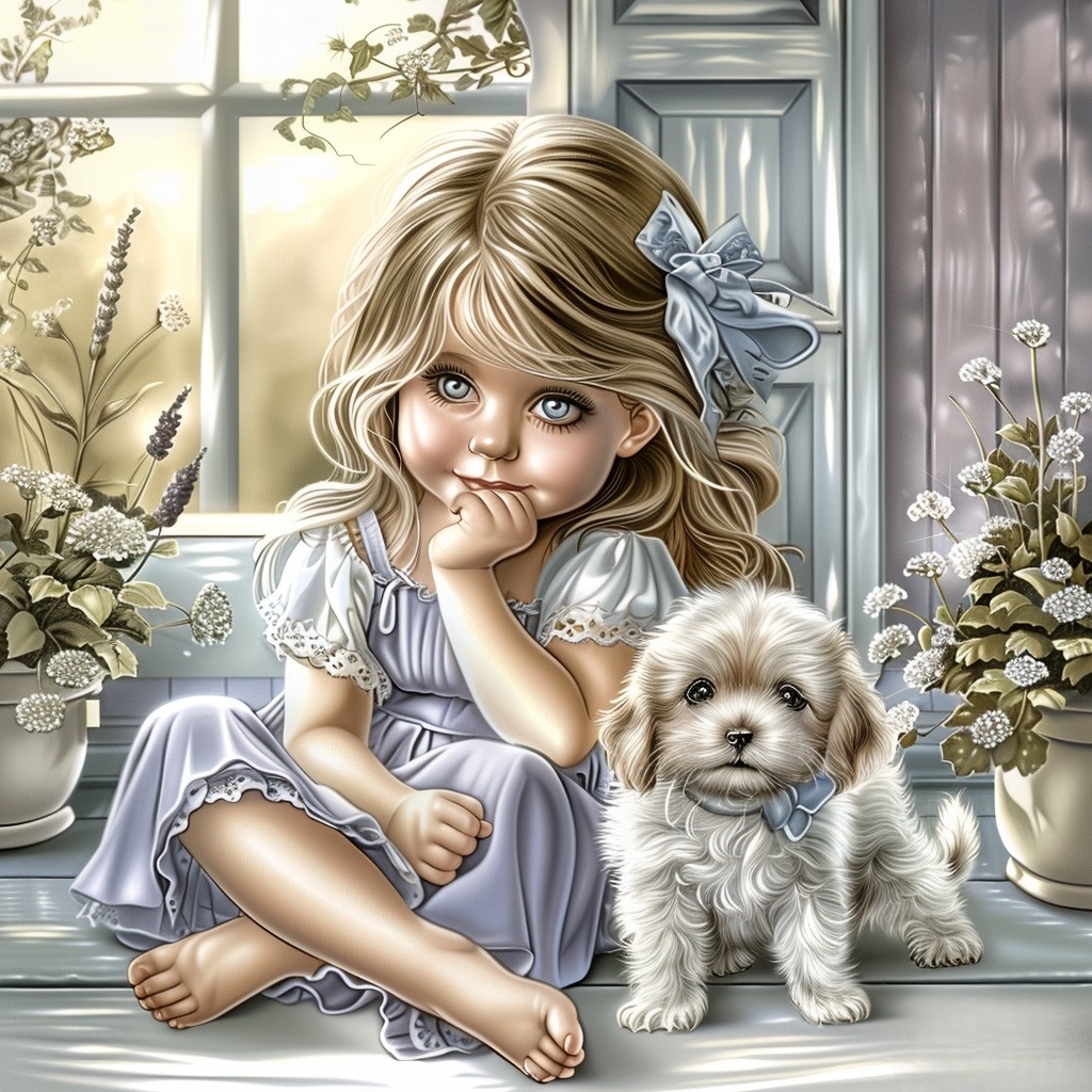 Purple Dress Girl And Puppy Diamond Art Kit