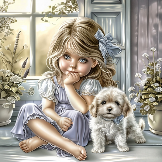 Purple Dress Girl And Puppy Diamond Art Kit