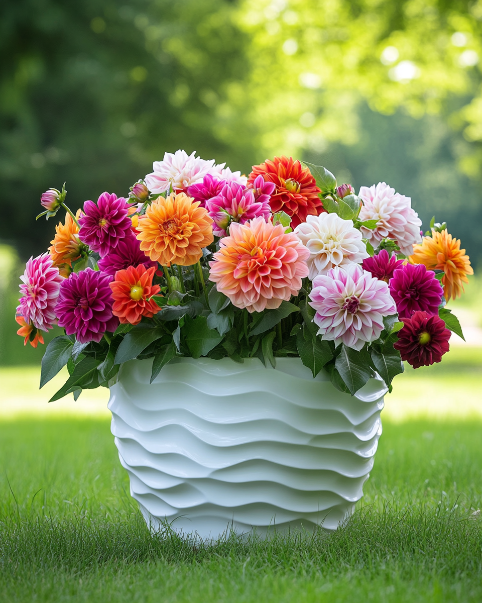 White Pot Of Dahlias Diamond Art Kit