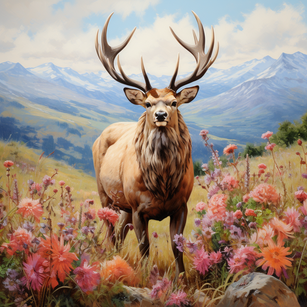 Flowers And Mountain Elk Diamond Art Kit