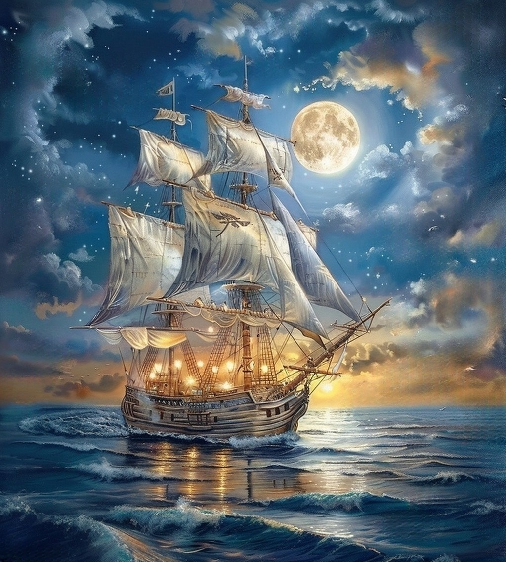 Glowing Lantern Sailing Ship Diamond Art Kit