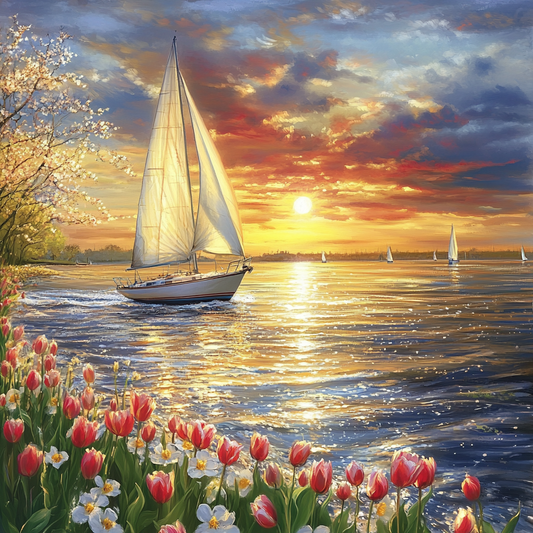 Pink White Tulips Sailboats Diamond Art Kit