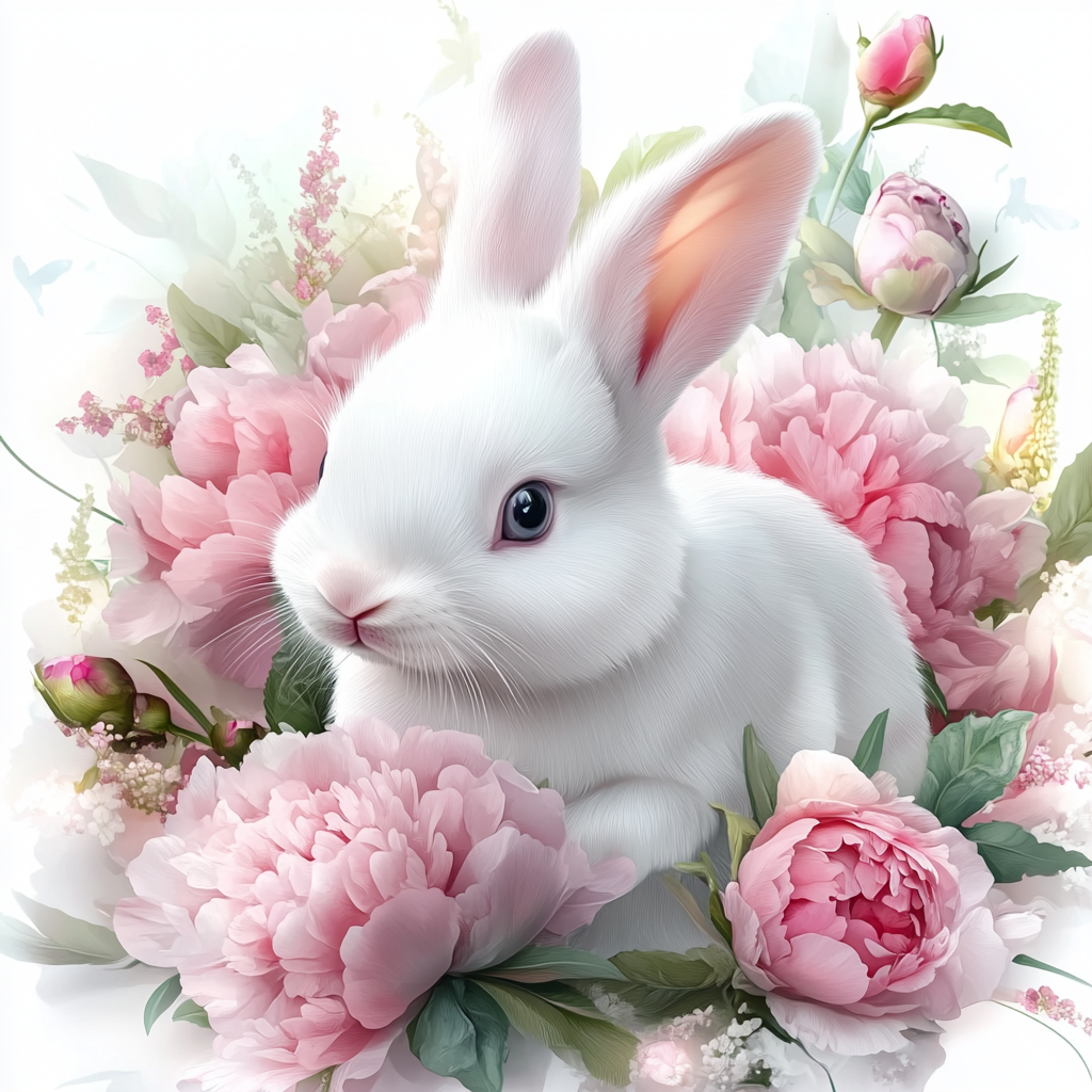 Light Pink Flowers White Rabbit Diamond Art Kit