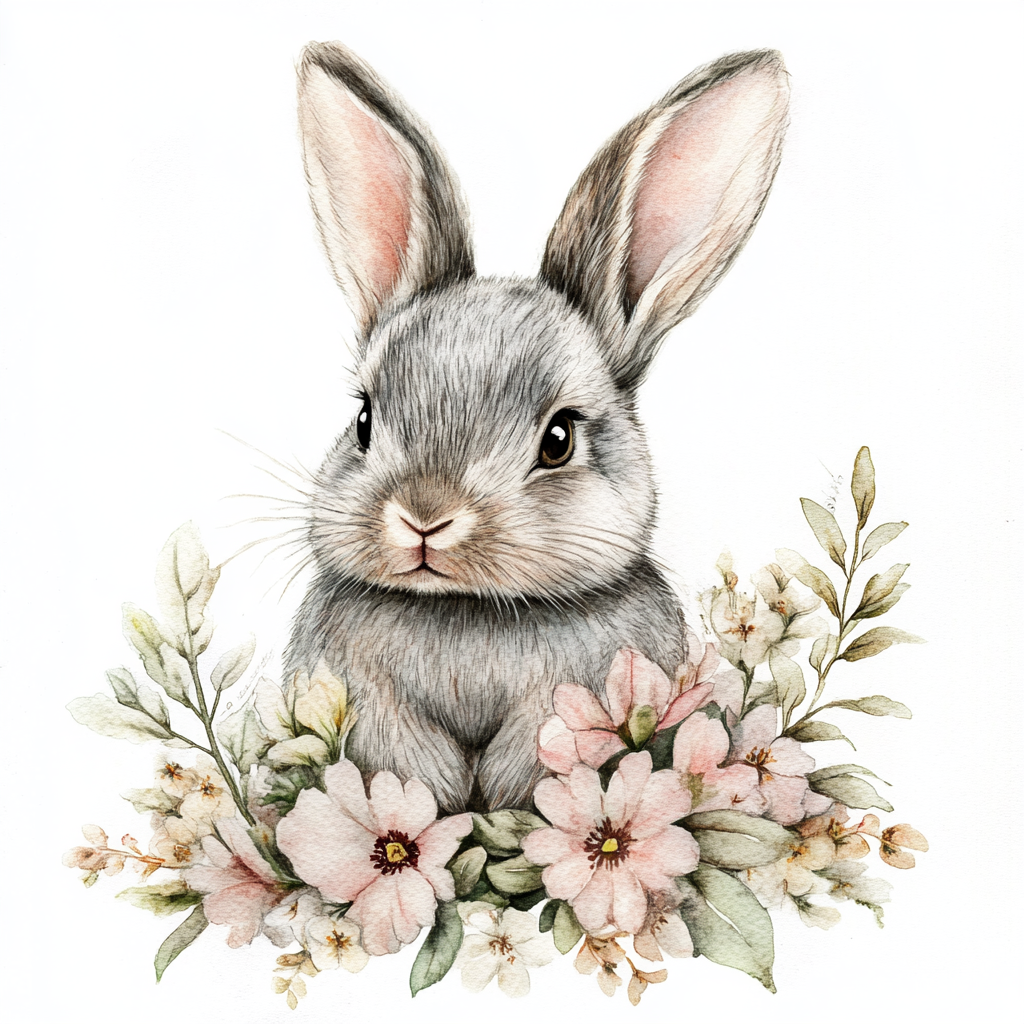 Watercolor Grey Bunny And Pink Flowers Diamond Art Kit