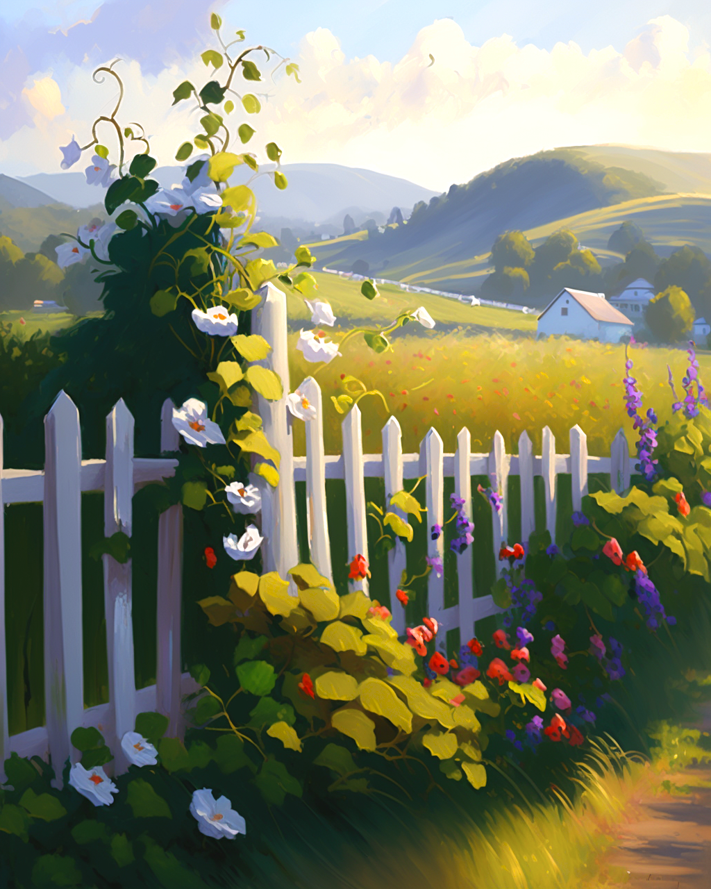 White Fence Flowers Diamond Art Kit