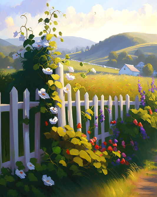 White Fence Flowers Diamond Art Kit