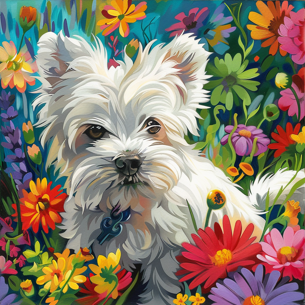 Abstract White Westie Flower Garden Diamond Art Kit
